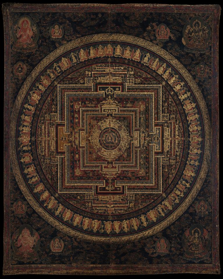 A finished mandala thangka — the geometric precision beginners practise on at the school